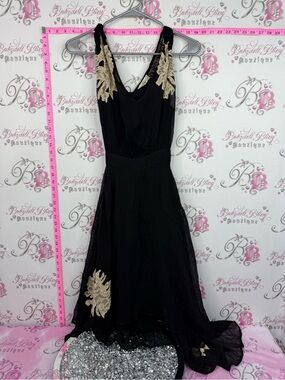 TEMPERANCE DRESS Black Sleeveless Dress with Gold Lace Appliqué